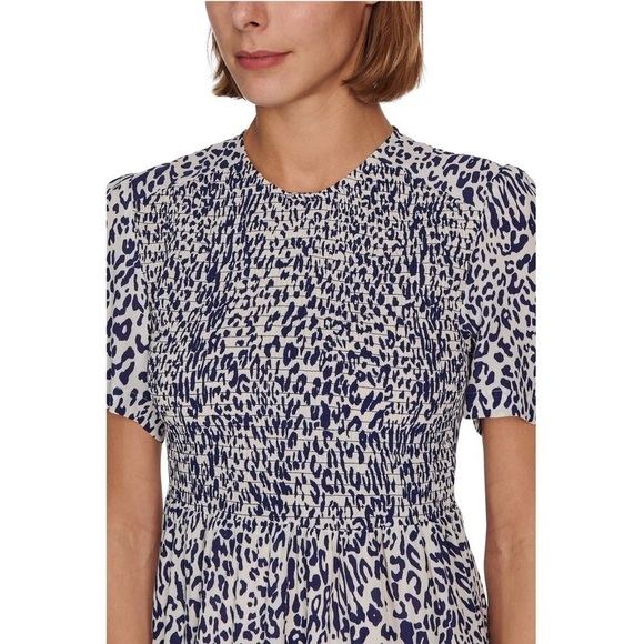 BAUM UND PFERDGARTEN Silk Short Sleeve Leopard Print Smocked Front Midi Dress 14 - Picture 11 of 16